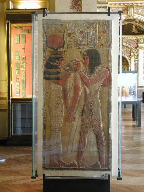 Рельеф фараон Сети I и богиня Хатхор. Музей в Лувре.