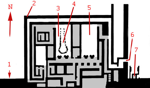 План заупокойного храма фараона Джосера. 6- вход в храм, 7- двор- сердаб со статуей фараона Джосера. 